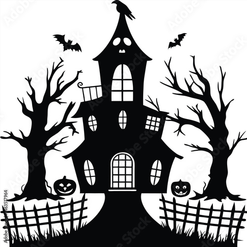 Spooky haunted Halloween house with bats and a tree silhouette against a dark, autumn night and moon