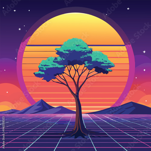 Night landscape with a lone tree silhouetted against a moonlit sky