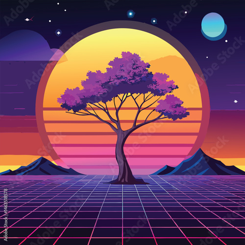 Night landscape with a lone tree silhouetted against a moonlit sky