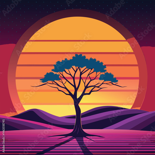 Night landscape with a lone tree silhouetted against a moonlit sky