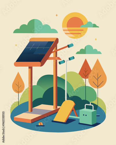 An outdoor workout area designed with solar panels attached to exercise equipment allowing visitors to break a sweat while generating clean energy.. Vector illustration