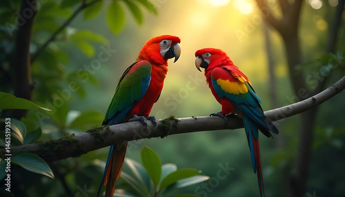 Tropical birds sitting on a tree branch in the rainforest