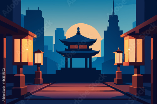 quiet temple courtyard glowing with lanterns amid .svg