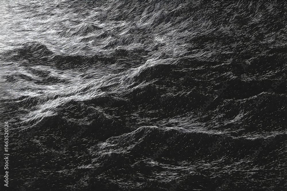 Fototapeta premium Abstract depiction of turbulent water surface in grayscale.