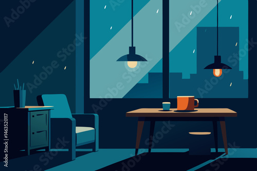 rainy day office with moody lighting  candles  