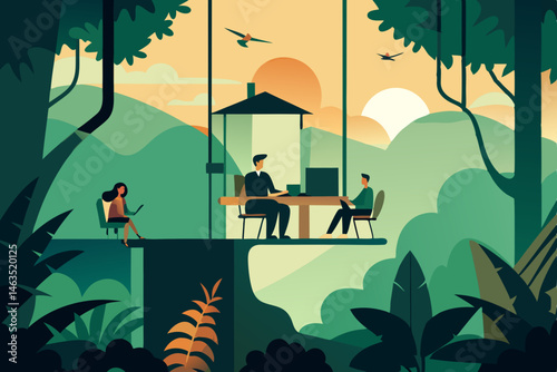 rainforest treetop office with hanging plants 