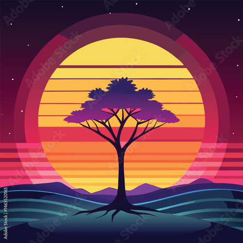 Night landscape with a lone tree silhouetted against a moonlit sky
