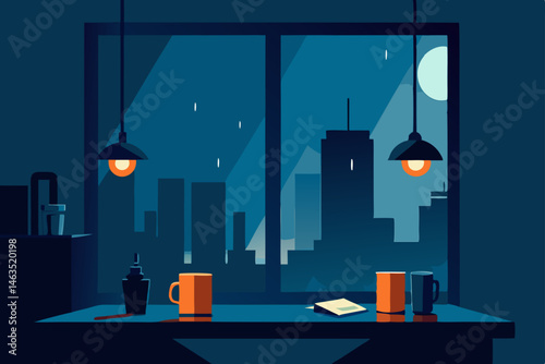 rainy day office with moody lighting  candles  