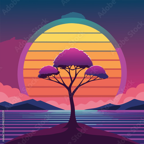 Night landscape with a lone tree silhouetted against a moonlit sky