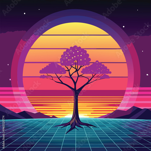 Night landscape with a lone tree silhouetted against a moonlit sky