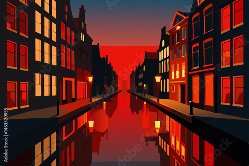 red light district in amsterdam with glowing refle