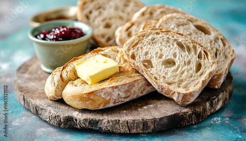 Sliced Crusty Bread with Butter and Jam on Wooden Board