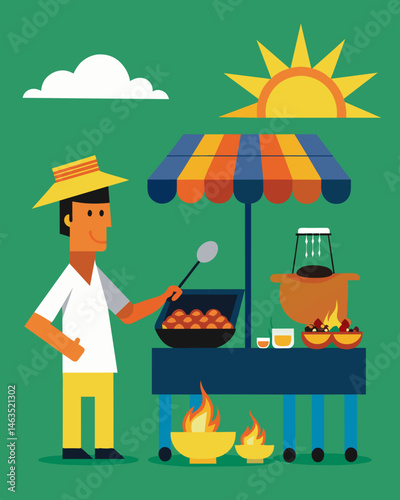 The savory scents of freshly grilled food waft through the air as vendors cook up their culinary delights using energy from the solar panels on their stalls.. Vector illustration