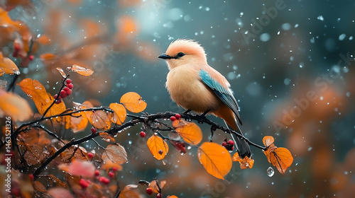 Small Fluffy Bird Perched on Branch Amidst Autumn Leaves in the Snow