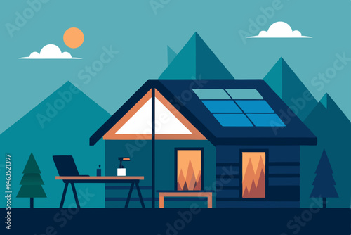 remote cabin office with solar powered equipment 