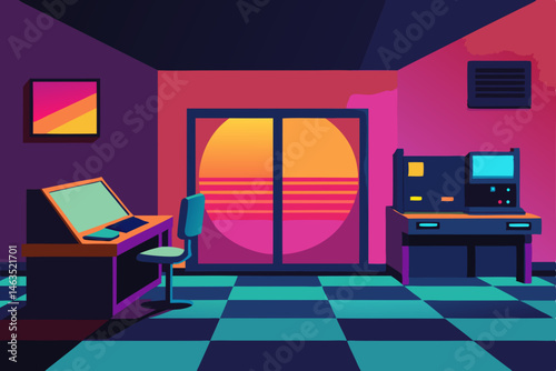 retro 80s office with bright colors  floppy 
