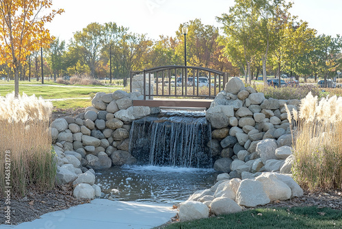 Small Waterfall Cascading Over Rocks with a Metal Footbridge in a Park