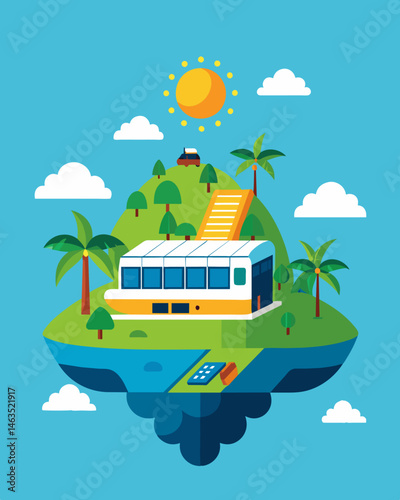 On a remote island residents rely on a solarpowered ferry as their main form of transportation showcasing the versatility and importance of renewable energy.. Vector illustration