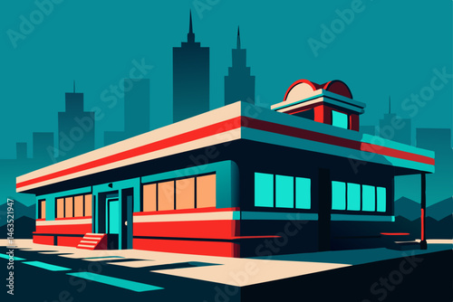 retro diner on a city corner glowing in red 