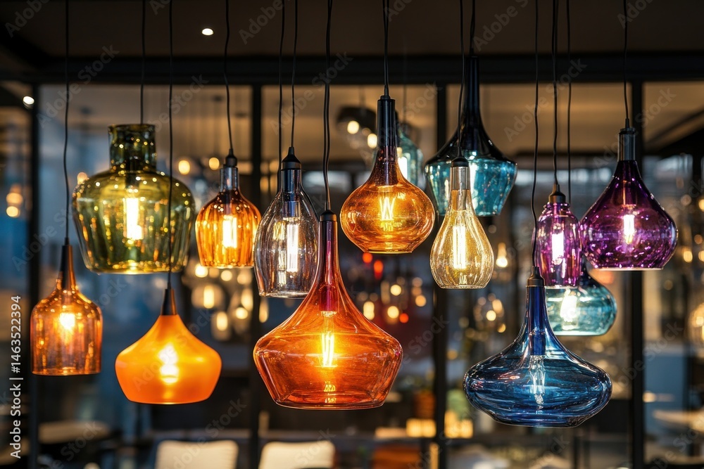 Obraz premium A vibrant mix of pendant lights glowing in a softly lit interior space