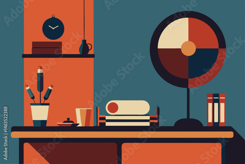 retro study with wall clocks  globe bar  