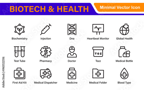 Biotech and Health Tech Icon Pack – Clean, Minimalist Line Vector Illustrations for Healthcare, Science, Lab Research, Pharma.