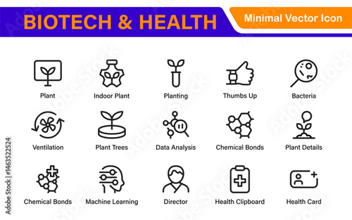Biotech and Health Tech Icon Pack – Clean, Minimalist Line Vector Illustrations for Healthcare, Science, Lab Research, Pharma.