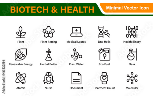 Biotech and Health Tech Icon Pack – Clean, Minimalist Line Vector Illustrations for Healthcare, Science, Lab Research, Pharma.