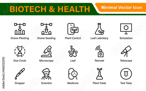 Biotech and Health Tech Icon Pack – Clean, Minimalist Line Vector Illustrations for Healthcare, Science, Lab Research, Pharma.