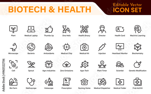 Biotech and Health Tech Icon Pack – Clean, Minimalist Line Vector Illustrations for Healthcare, Science, Lab Research, Pharma.