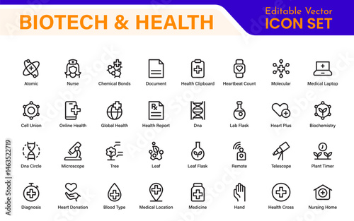 Biotech and Health Tech Icon Pack – Clean, Minimalist Line Vector Illustrations for Healthcare, Science, Lab Research, Pharma.
