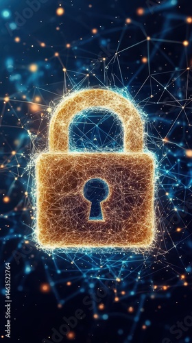 Digital Lock Securing Data Network Abstract Illustration Concept of Cyber Security and Information Protection Glowing Lines and Dots