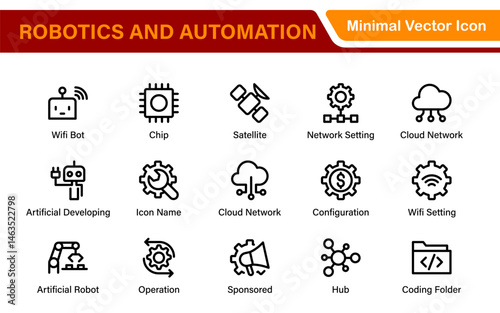 Futuristic Robotics and Automation Icon Pack – Clean Line Vector Illustrations for AI, Smart Tech, Industry 4.0, Innovation, Machine Learning
