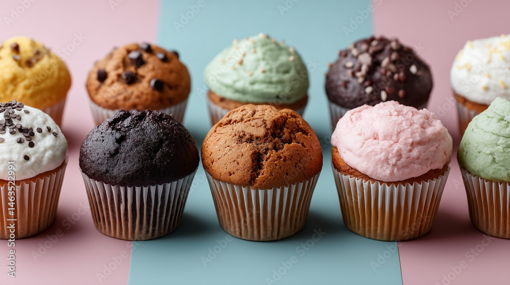 Delightful Cupcake Selection: A vibrant assortment of freshly baked cupcakes with diverse flavors and captivating toppings, offering a visual treat for dessert lovers. Delightful Cupcake Selection: A vibrant assortment of freshly baked cupcakes with diverse flavors and captivating toppings, offering a visual treat for dessert lovers.