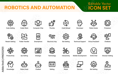 Futuristic Robotics and Automation Icon Pack – Clean Line Vector Illustrations for AI, Smart Tech, Industry 4.0, Innovation, Machine Learning