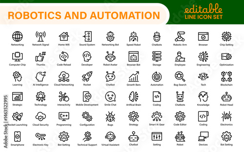 Futuristic Robotics and Automation Icon Pack – Clean Line Vector Illustrations for AI, Smart Tech, Industry 4.0, Innovation, Machine Learning