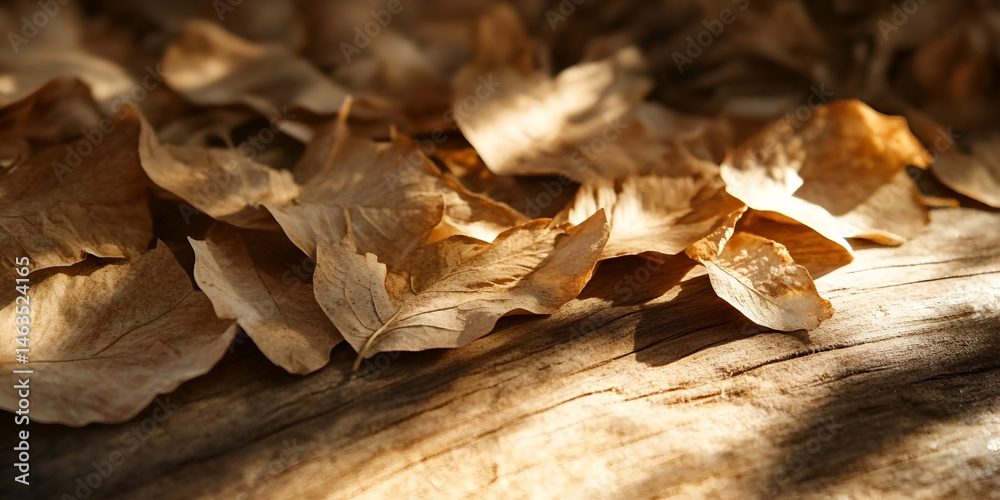 Sunlit Pale Leaves on Wooden Surface – Autumn Flatlay