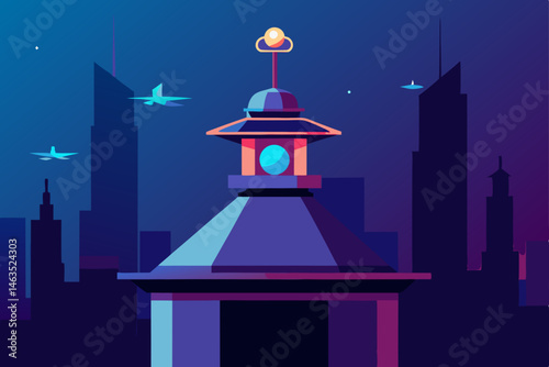 rooftop neon shrine surrounded by drone surveillan