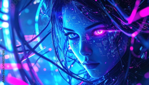 Futuristic Cyber Woman with Glowing Eyes and Neon Circuit Face — Sci-Fi AI Portrait in Blue and Pink Light