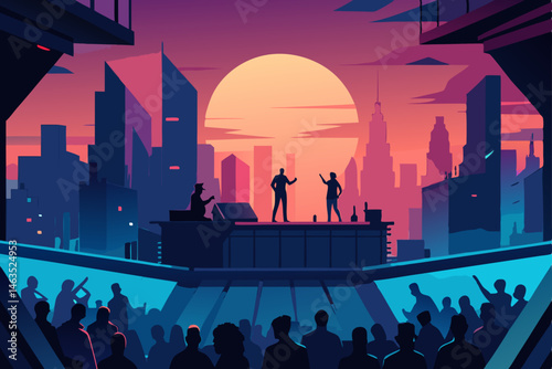 rooftop rave in a dystopian future city  