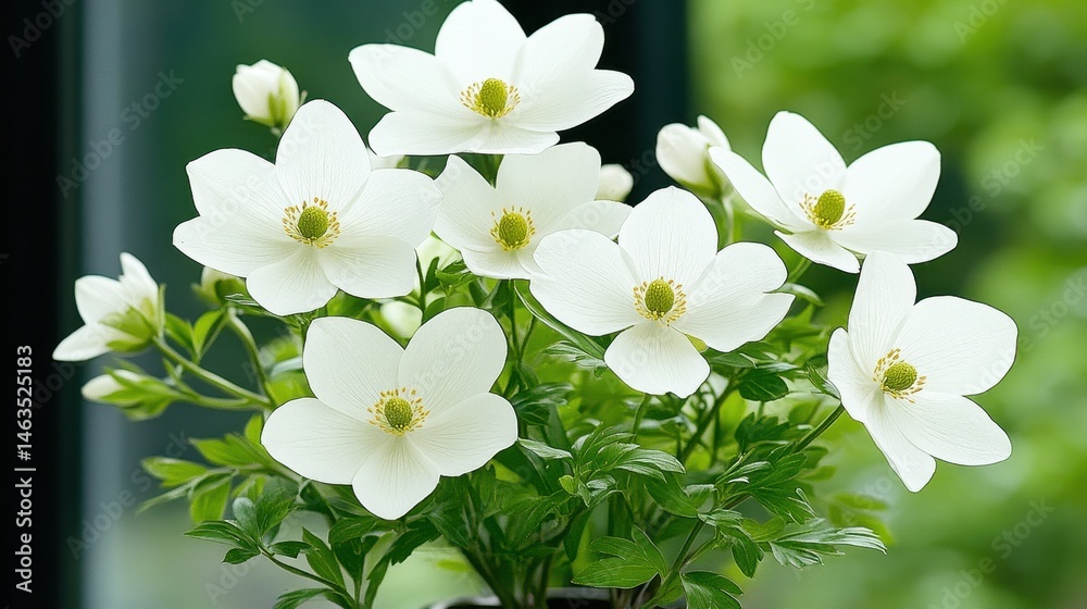 Fototapeta premium Close up view of a bouquet of delicate white flowers with yellow centers, glistening with water droplets, set against a blurred green background. The
