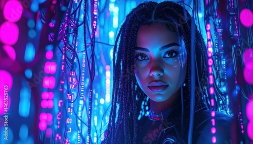 Cyberpunk Woman in Neon Digital Matrix with Glowing Code and Futuristic Tech Wires – AI Sci-Fi Portrait