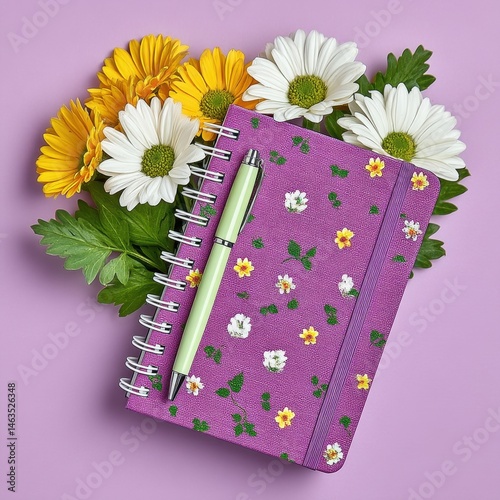 Purple floral notebook and light green pen surrounded by white and yellow gerbera daisies on a lilac background. Flatlay photography