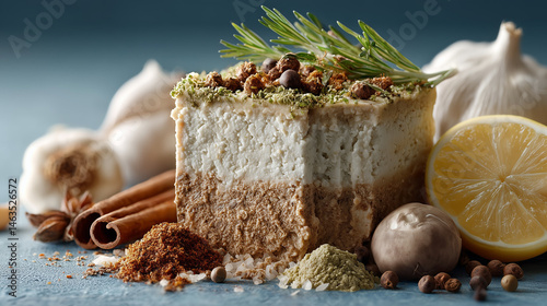 Culinary Delight: A tantalizing food arrangement of a multi-layered dish with herbs and spices, featuring a close-up shot that evokes a sense of deliciousness, perfect for food-related themes.