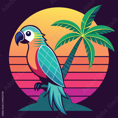 Cartoon macaw parrot on a tropical beach with a palm tree branch and exotic flowers, a cute vector illustration of wildlife nature