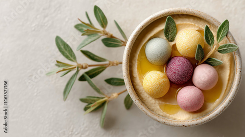 Hummus Delight with Colorful Appetizers: This photo captures a close-up shot of a bowl of hummus elegantly adorned with an assortment of colorful, beautifully crafted appetizers.