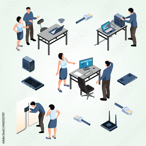 Sysadmin helping office worker fixing internet connection 3d isometric infographics illustration