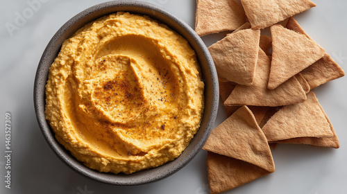 Creamy Hummus and Pita Chips: A vibrant close-up showcases a bowl of rich, creamy hummus complemented by a delightful arrangement of perfectly toasted pita chips, inviting a moment of culinary bliss.