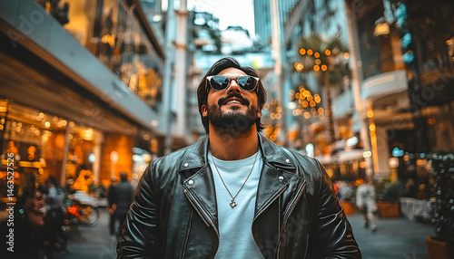 Smiling Man in Leather Jacket and Sunglasses on City Street