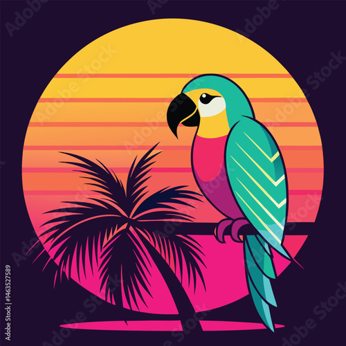 Cartoon macaw parrot on a tropical beach with a palm tree branch and exotic flowers, a cute vector illustration of wildlife nature